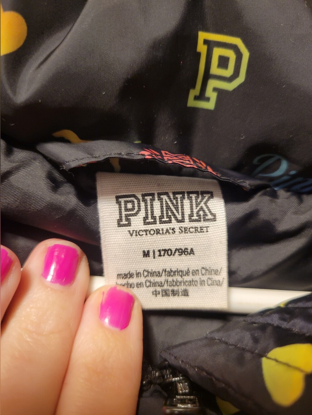 PINK Victoria's Secret Black Puffer Jacket with Multicolor Logo Hearts (RARE) - Picture 6 of 9